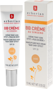 Erborian BB Crème Au Ginseng SPF 20 Dore. Biała tuba i pudełko, produkt do pielęgnacji i makijażu, widok przodem.