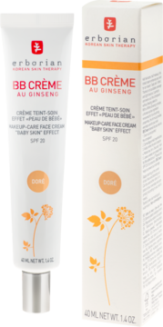 Erborian BB Crème Au Ginseng SPF 20, odcień Doré. Biała tubka i kartonik z grafiką żeń-szenia, widok z przodu.
