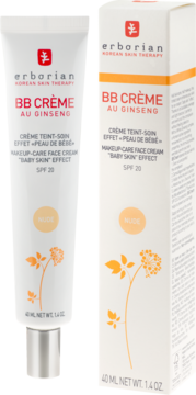 Erborian BB Crème Au Ginseng Nude SPF 20 w białej tubce i pudełku, z żeń-szeniem, widok z przodu.
