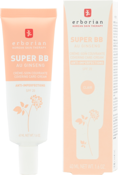Tubka i opakowanie Erborian Super BB Au Ginseng SPF 20 Clair. Brzoskwiniowy krem BB z żeń-szeniem.