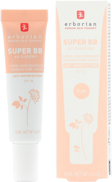 Erborian Super BB SPF 20 Clair, krem BB z żeń-szeniem, beżowa tubka i pudełko obok siebie.