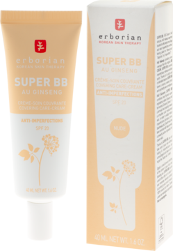 Erborian Super BB krem z żeń-szeniem, SPF 20, Nude, tuba obok beżowego kartonika, widok z przodu.
