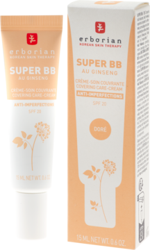 Krem BB Erborian Super BB SPF 20 Dore. Beżowa tubka i pudełko z grafiką żeń-szenia, widok z przodu.