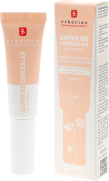 Korektor Erborian Super BB SPF 25 Clair: tubka obok beżowego pudełka z logo, widok z przodu.