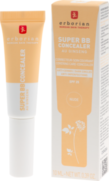 Erborian Super BB Concealer Nude SPF 25 w beżowej tubce i pudełku, widok z przodu, obok siebie.