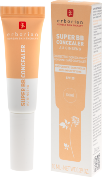Erborian Super BB Korektor z żeń-szeniem SPF 25 Doré, w beżowej tubce i kartoniku, ujęcie frontalne.