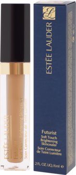 Estée Lauder Futurist Soft Touch Brightening Skincealer: clear tube with tan liquid and dark blue box, front view.