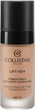 Collistar Lift HD+ smoothing lifting foundation SPF 15, w beżowej butelce z czarną pompką, widok z przodu.