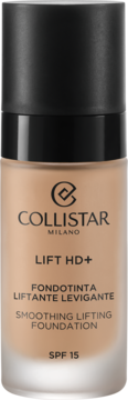 Collistar Lift HD+ Smoothing Lifting Foundation, beżowy odcień, szklana butelka z pompką, SPF 15, widok z przodu.