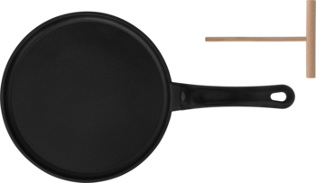 Czarna, okrągła patelnia nieprzywierająca z długą rączką, widok z góry na ciemnym tle.