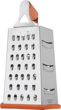 Tarka kuchenna pudełkowa, stal nierdzewna, pomarańczowy uchwyt i podstawa, widok z przodu, precyzyjne ostrza.