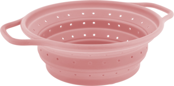 Durszlak silikonowy, różowy, składany, z uchwytami i otworami drenażowymi, widok z góry pod kątem.