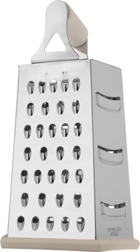 Srebrna, metalowa tarka kuchenna ze stali nierdzewnej z białym uchwytem, widok z przodu i boku.