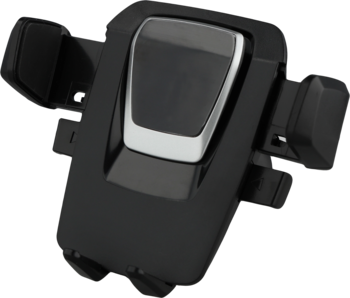 Czarny uchwyt samochodowy na telefon ze srebrnym panelem, widok frontalny, z widocznymi szczękami i podporą.