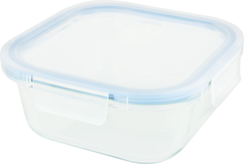 Kwadratowy, przezroczysty pojemnik na żywność z jasnoniebieską, hermetyczną pokrywką i czterema zatrzaskami, widok z góry.