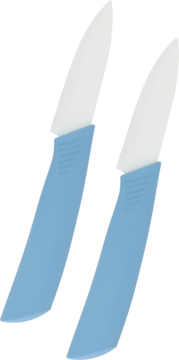 Para jasnoniebieskich szpatułek kosmetycznych z białymi, elastycznymi końcówkami, z wytłoczonym tekstem, stojące pionowo.