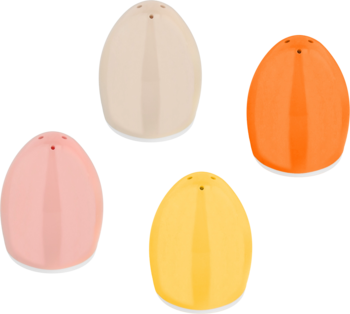 Cztery ceramiczne przyprawniki jajka w kolorach beżowym, różowym, żółtym i pomarańczowym, z otworami na górze.