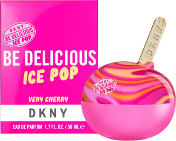 DKNY Be Delicious Ice Pop Very Cherry EDP. Różowe pudełko i kulisty flakon przypominający różowo-pomarańczowego lizaka.