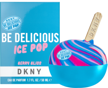 DKNY Be Delicious Ice Pop Berry Bliss EDP w kulistej, niebiesko-różowej butelce z patyczkiem i błękitnym pudełkiem, widok z przodu.