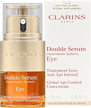 Clarins Double Serum Eye, dwukomorowe serum pod oczy w złotym flakonie obok białego kartonika, widok z przodu.