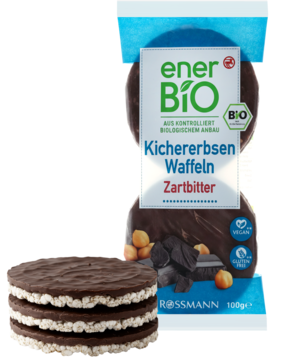 enerBiO Kichererbsen Waffeln Zartbitter w opakowaniu i dwa obok, okrągłe wafle z ciemną czekoladą i widocznym wnętrzem.