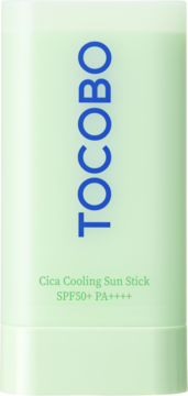 Tocobo Cica Cooling Sun Stick SPF50+ PA++++ w jasnozielonej tubce, z przodu, pionowy niebieski napis.