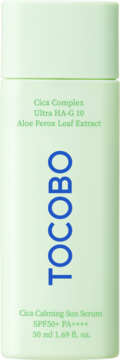 TOCOBO Cica Calming Sun Serum SPF50+ w jasnozielonej tubce, front z niebieskim logo i zielonym tekstem.