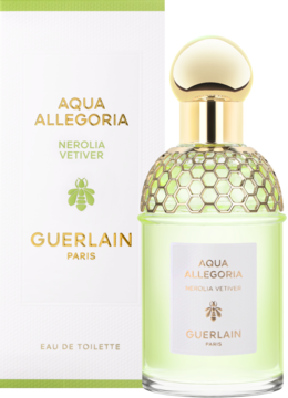Guerlain Aqua Allegoria Nerolia Vetiver EDT w zielonej butelce z miodowym wzorem, obok białego pudełka z logo.