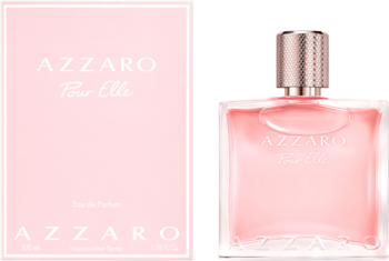 Różowa damska woda perfumowana Azzaro Pour Elle w kartoniku i butelce z metalowym korkiem, obok siebie.