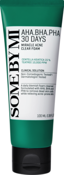 Zielona tuba SOME BY MI Miracle Acne Clear Foam z kwasami AHA, BHA, PHA do cery trądzikowej, widok z przodu.