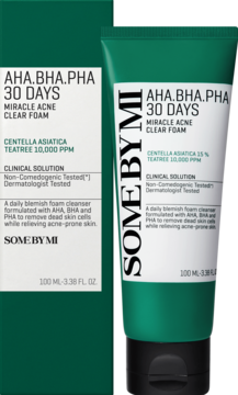 Zielona tuba i biało-zielone pudełko SOME BY MI AHA.BHA.PHA Miracle Acne Clear Foam, widok z przodu.