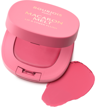 Róż Bourjois Macaron Melt, różowy kompakt z kremowo-matowym różem do ust i policzków, obok swatch.