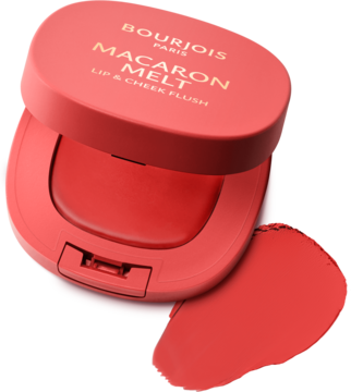 Bourjois Macaron Melt Lip & Cheek Flush, koralowy róż/szminka, otwarty kompakt z kremową próbką.