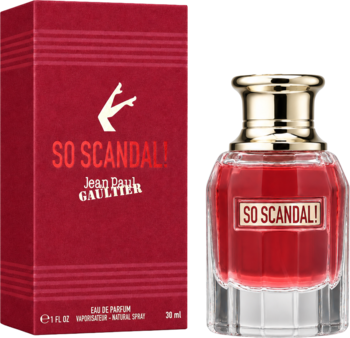 Perfumy Jean Paul Gaultier So Scandal!, czerwony flakon i pudełko ze złotym korkiem, ujęcie z przodu.