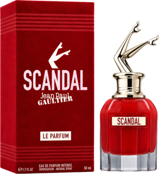 Jean Paul Gaultier Scandal Le Parfum: czerwona butelka z rzeźbionymi nogami i jej pudełko, widok z przodu.