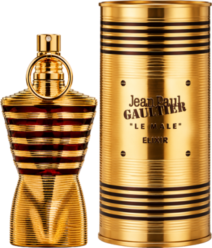 Jean Paul Gaultier Le Male Elixir, męskie perfumy. Złota butelka w kształcie torsu z ciemnymi paskami obok złotej puszki.