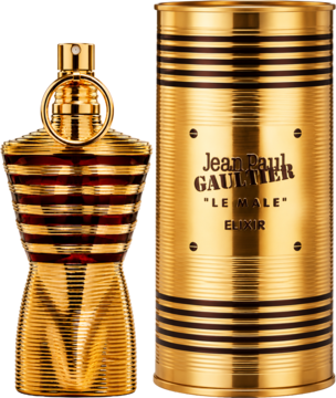 Złota butelka-tors z bordowymi paskami i złote, ryflowane pudełko Jean Paul Gaultier Le Male Elixir.