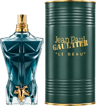 Jean Paul Gaultier Le Beau EDT, butelka w kształcie niebieskiego torsu ze złotym liściem, zielone opakowanie z logo.