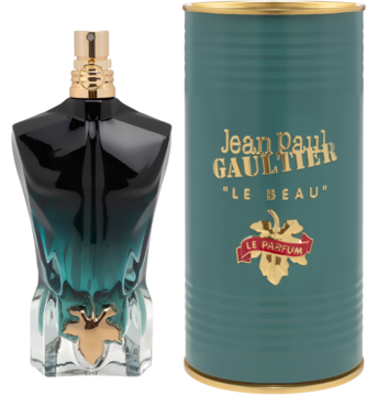 Jean Paul Gaultier Le Beau Le Parfum: czarno-zielony flakon w kształcie torsu obok zielonego pudełka walca.