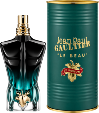 Jean Paul Gaultier Le Beau Le Parfum, męska woda perfumowana w butelce-torsie i zielonym pudełku z logo.