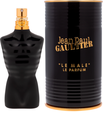 Woda perfumowana Jean Paul Gaultier Le Male Le Parfum: czarna butelka-tors ze złotem, obok karbowane pudełko.
