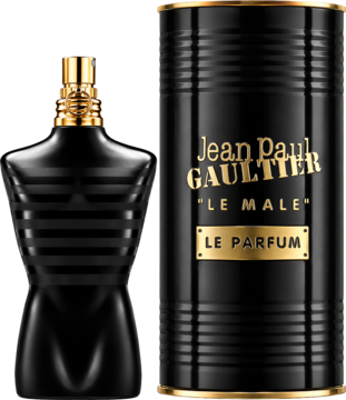 Jean Paul Gaultier Le Male Le Parfum – czarny flakon tors z złotymi detalami i pasujące pudełko, widok z przodu.