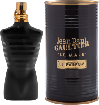 Jean Paul Gaultier Le Male Le Parfum, czarna butelka w kształcie torsu z metalową złotą nakrętką obok ozdobnej puszki.