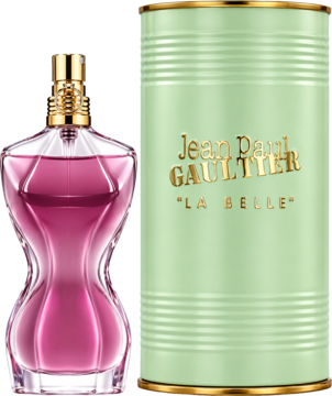 Jean Paul Gaultier La Belle damska woda perfumowana. Różowy flakon w kształcie torsu, obok zielone pudełko.
