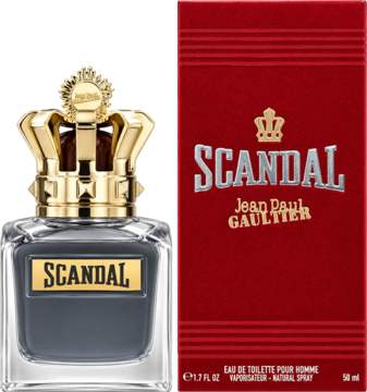 Woda toaletowa Scandal Jean Paul Gaultier, szklana butelka 50ml z złotą koroną i czerwone opakowanie.