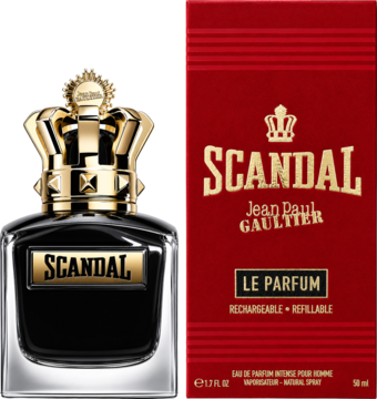 Jean Paul Gaultier Scandal Le Parfum: czarny flakon ze złotą koroną i czerwone pudełko z napisem Scandal Le Parfum.
