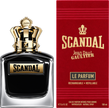 Jean Paul Gaultier Scandal Le Parfum męskie perfumy: czarna butelka z koroną i czerwone opakowanie obok.