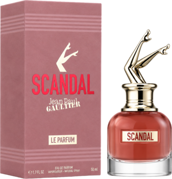 Jean Paul Gaultier Scandal Le Parfum w butelce ze złotymi nogami i różowym pudełku, widok z przodu.
