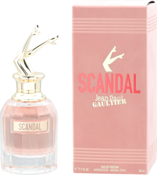 Jean Paul Gaultier Scandal, damska woda perfumowana. Różowy flakon ze złotym korkiem-nogami i pudełko, widok z przodu.