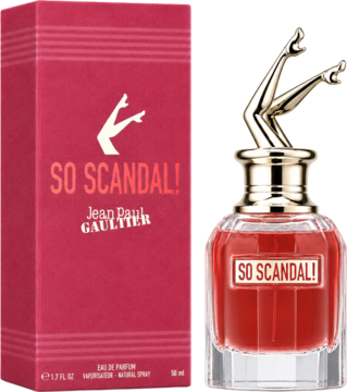 Jean Paul Gaultier So Scandal EDP w czerwonym flakonie z unikalnym korkiem i dopasowanym pudełkiem.